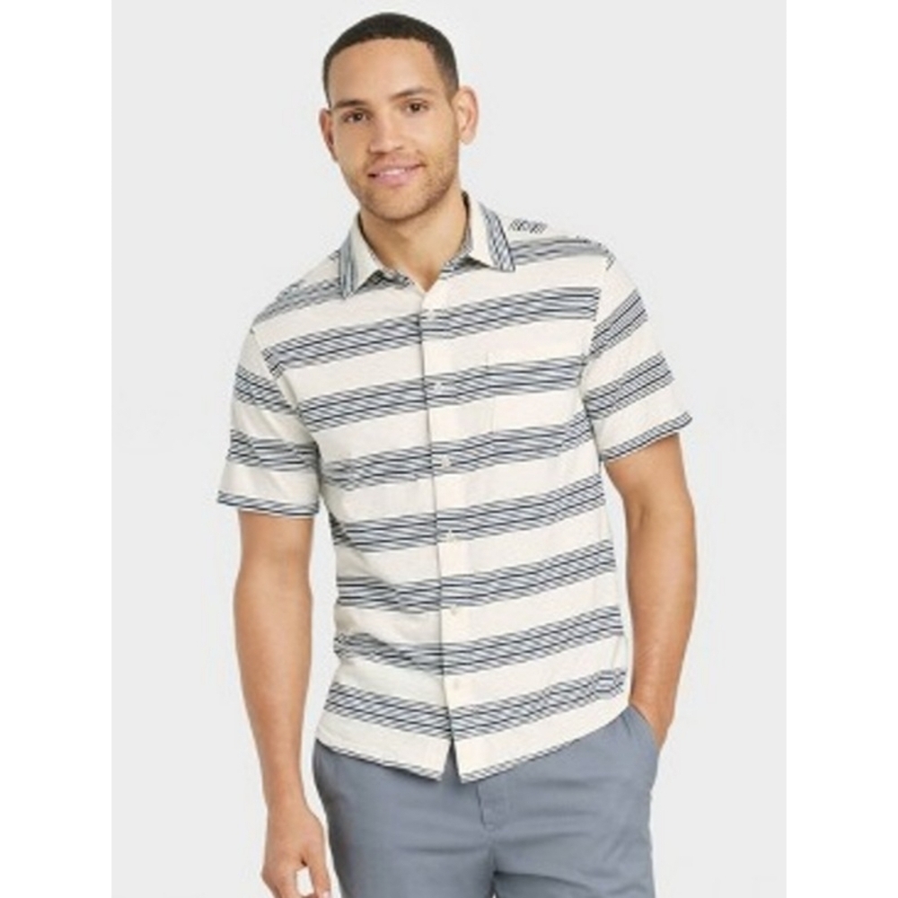 Goodfellow & Co Dog Bone Stripe Button up short sleeve shirt Cream & Navy Size M